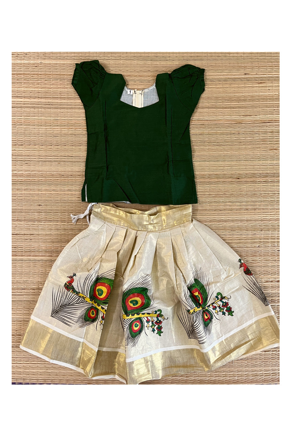 Southloom Kerala Tissue Pavada Blouse with Green and Mural Prints Designs for Kids (1 Year)