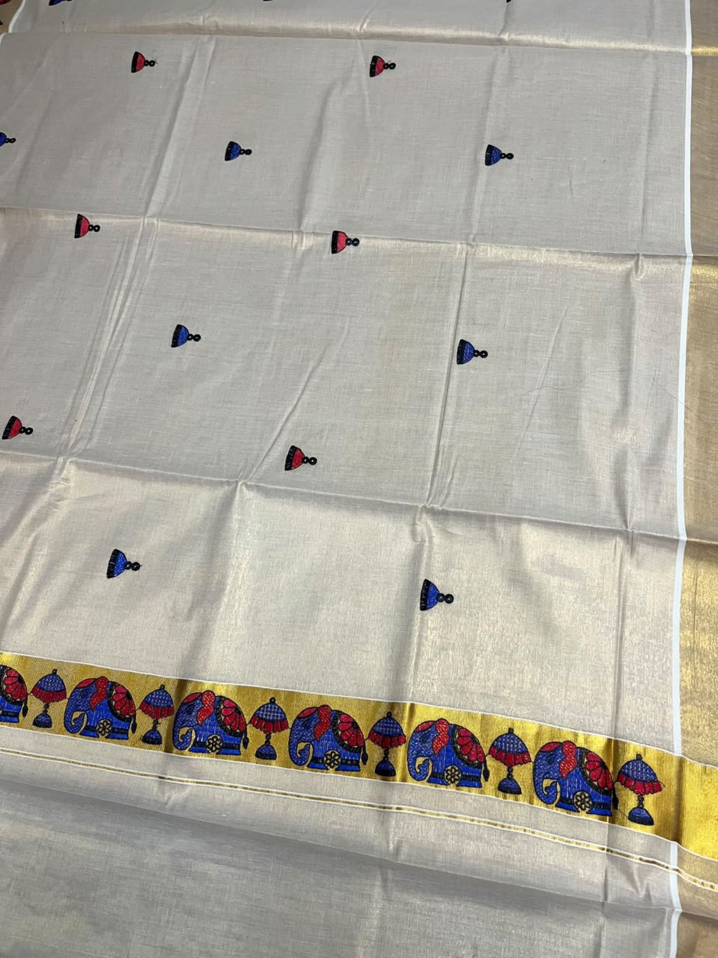 Southloom Tissue Kerala Kasavu Saree with Elephant Embroidery Design