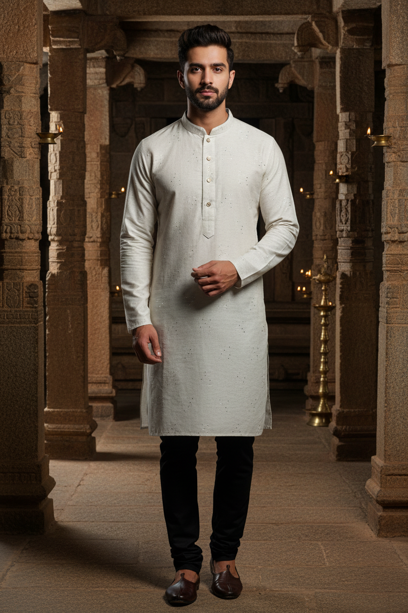 Southloom Semi Silk Short Kurta for Men in White Colour