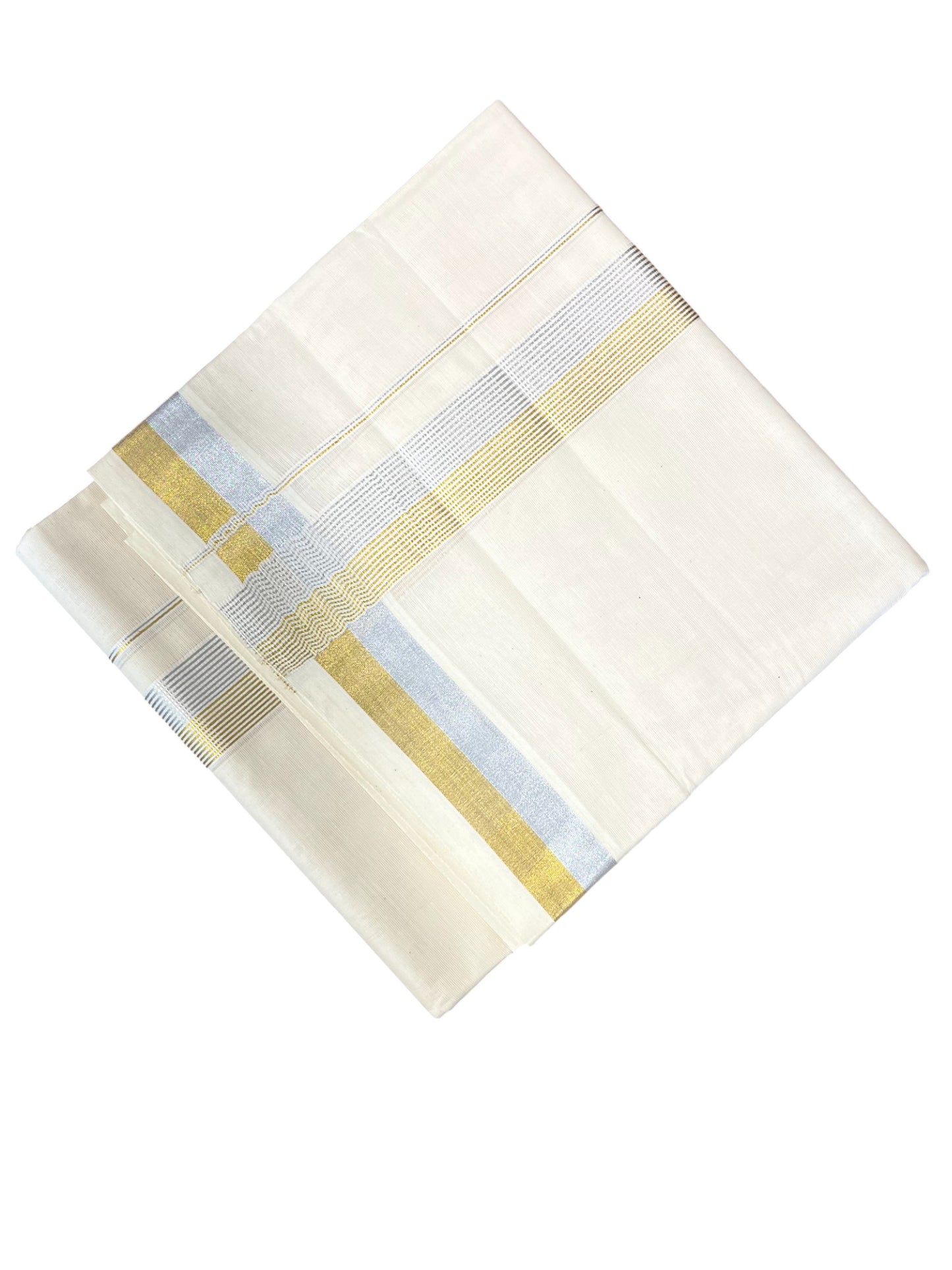 Southloom Kerala Pure Cotton Double Mundu with Gold & Silver Border (South Indian Dhoti)