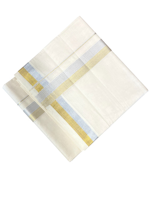 Southloom Kerala Pure Cotton Double Mundu with Gold & Silver Border (South Indian Dhoti)