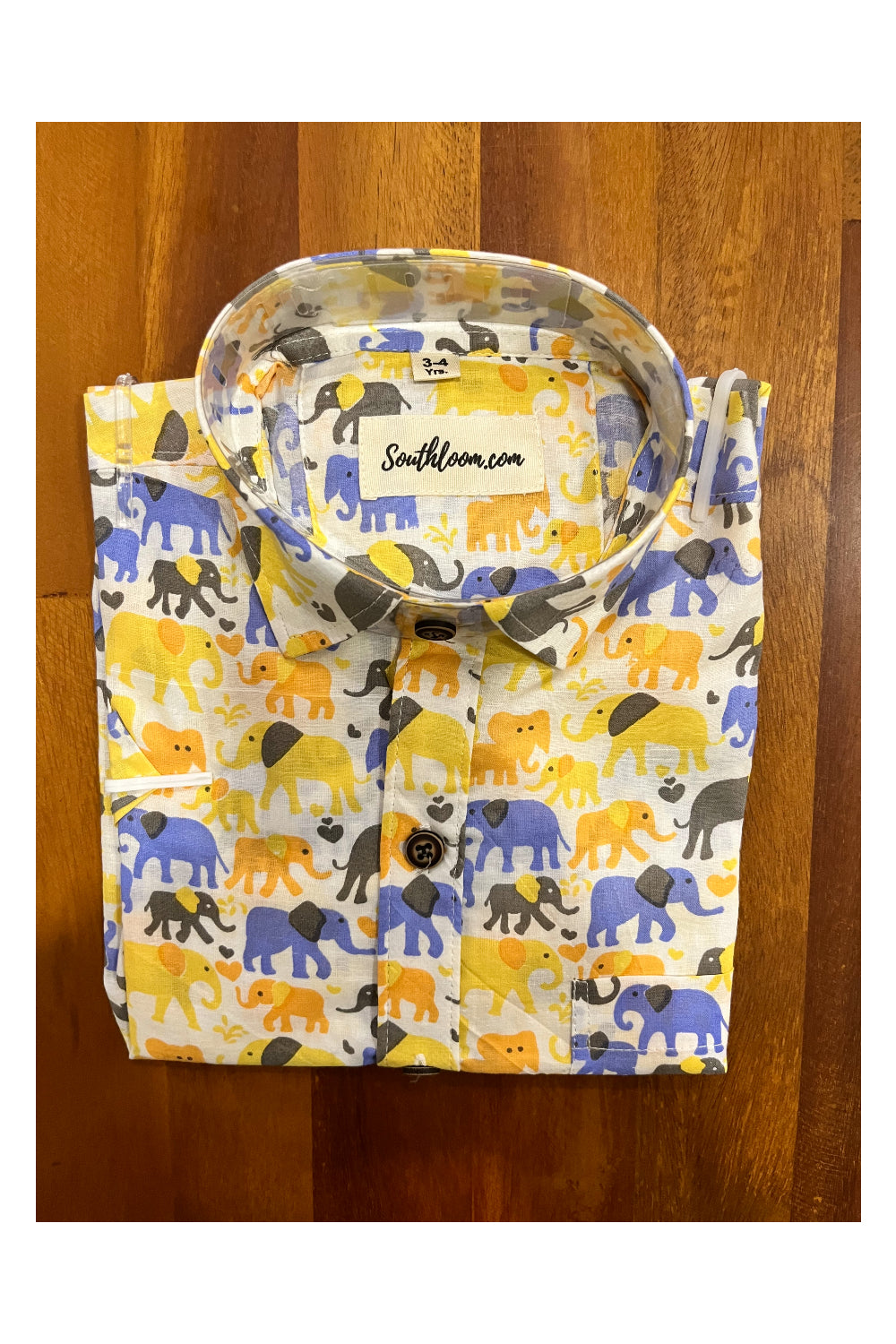 Southloom Jaipur Cotton Yellow Blue Elephant Hand Block Printed Shirt For Kids (Half Sleeves)