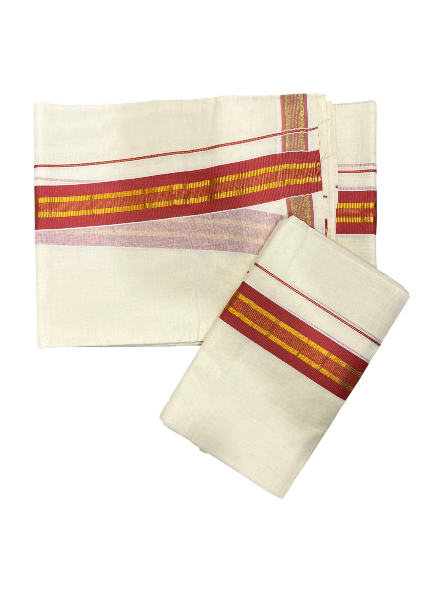 Southloom Kerala Cotton Single Set Mundu (Mundum Neriyathum) with Kasavu and BrickRed Border