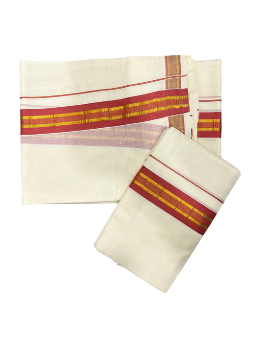 Southloom Kerala Cotton Single Set Mundu (Mundum Neriyathum) with Kasavu and BrickRed Border
