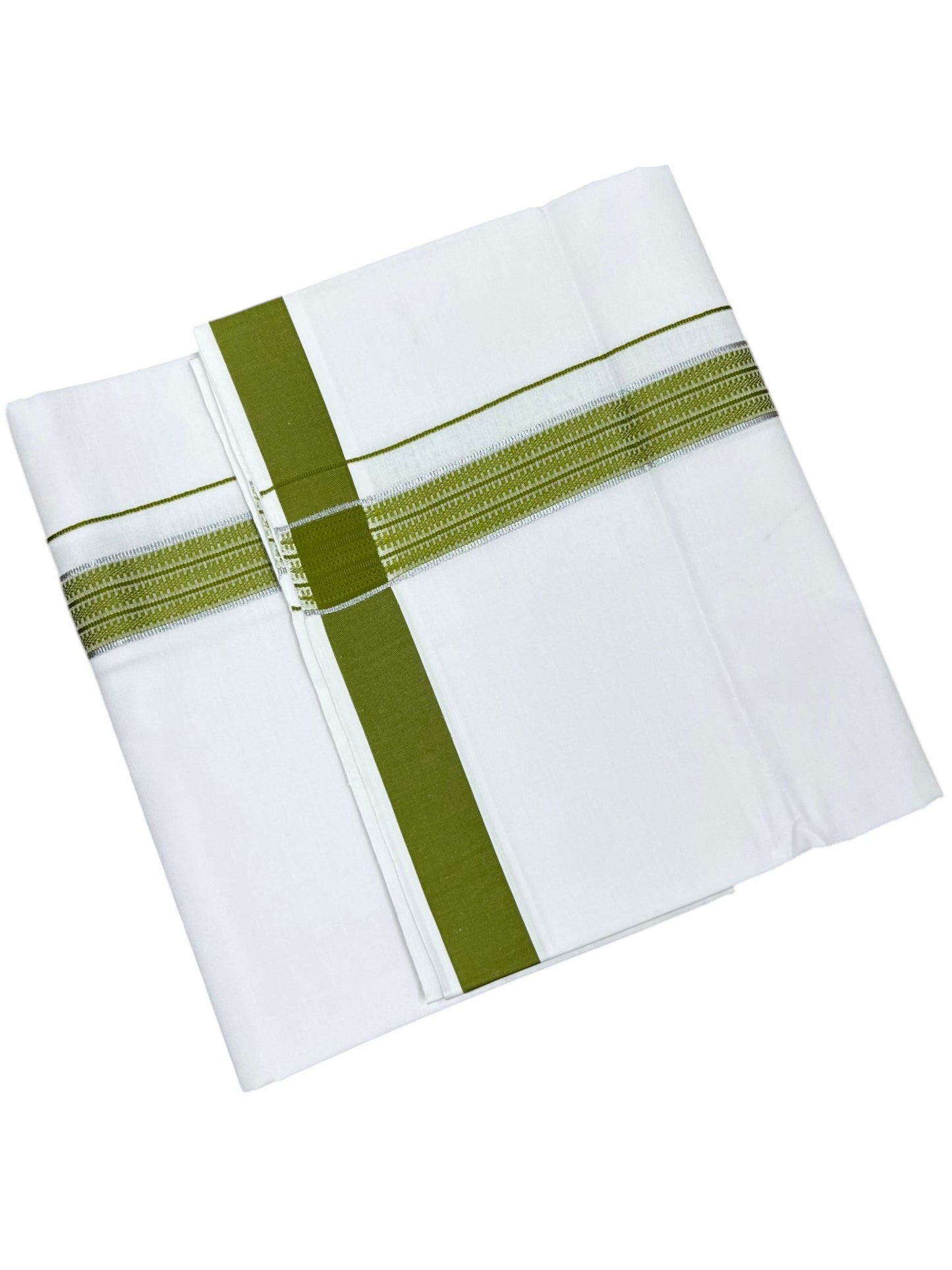 Southloom Pure White Cotton Single Mundu with Silver Line & Olive Green Border (South Indian Kerala Dhoti)