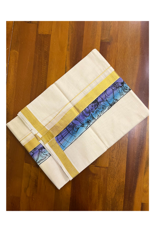 Kerala Pure Cotton Double Mundu with Mural Hand Painted Design on Kasavu Border (South Indian Kerala Dhoti)