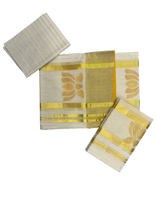 Southloom Super Premium Balaramapuram Handloom Pure Cotton Unakkupaavu Lotus Design Wedding Pudava Set Mundu