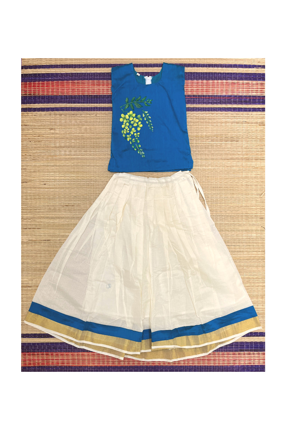 Southloom Kerala Pavada Blue Blouse with Floral Mural Designs (Age - 8 Years)
