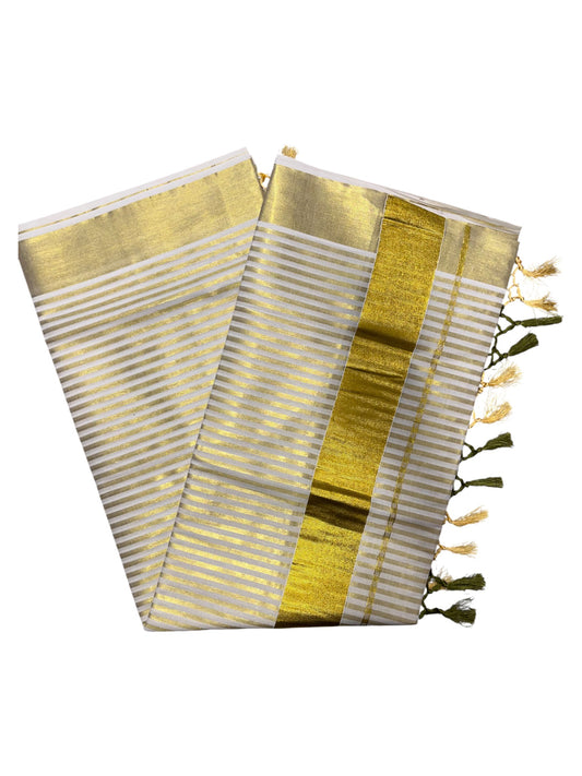 Southloom Kerala Cotton Kasavu Saree with Stripes on Body