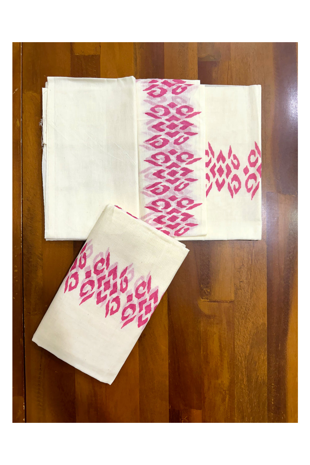 Pure Cotton Kerala Set Mundu with Pink Block Printed Border (Vishu 2024 Collection)