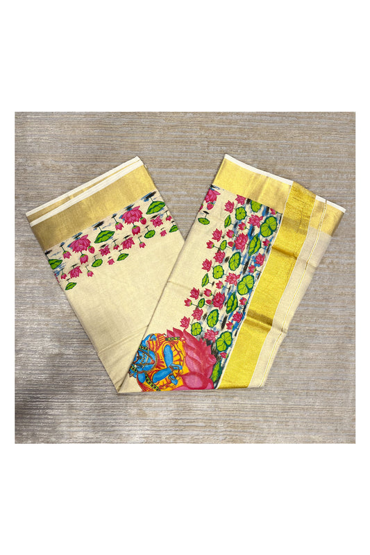 Southloom Tissue Kerala Kasavu Saree with Lotus Handpainted Design