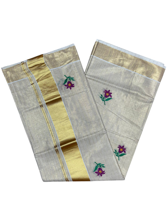 Southloom Kerala Tissue Kasavu Lines Saree with Floral Embroidery Work on Body
