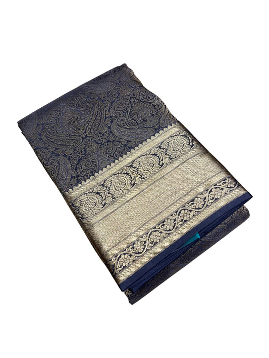 Southloom Pure Handloom Bridal Kanchipuram Silk Saree with Korvai Work (Blue)