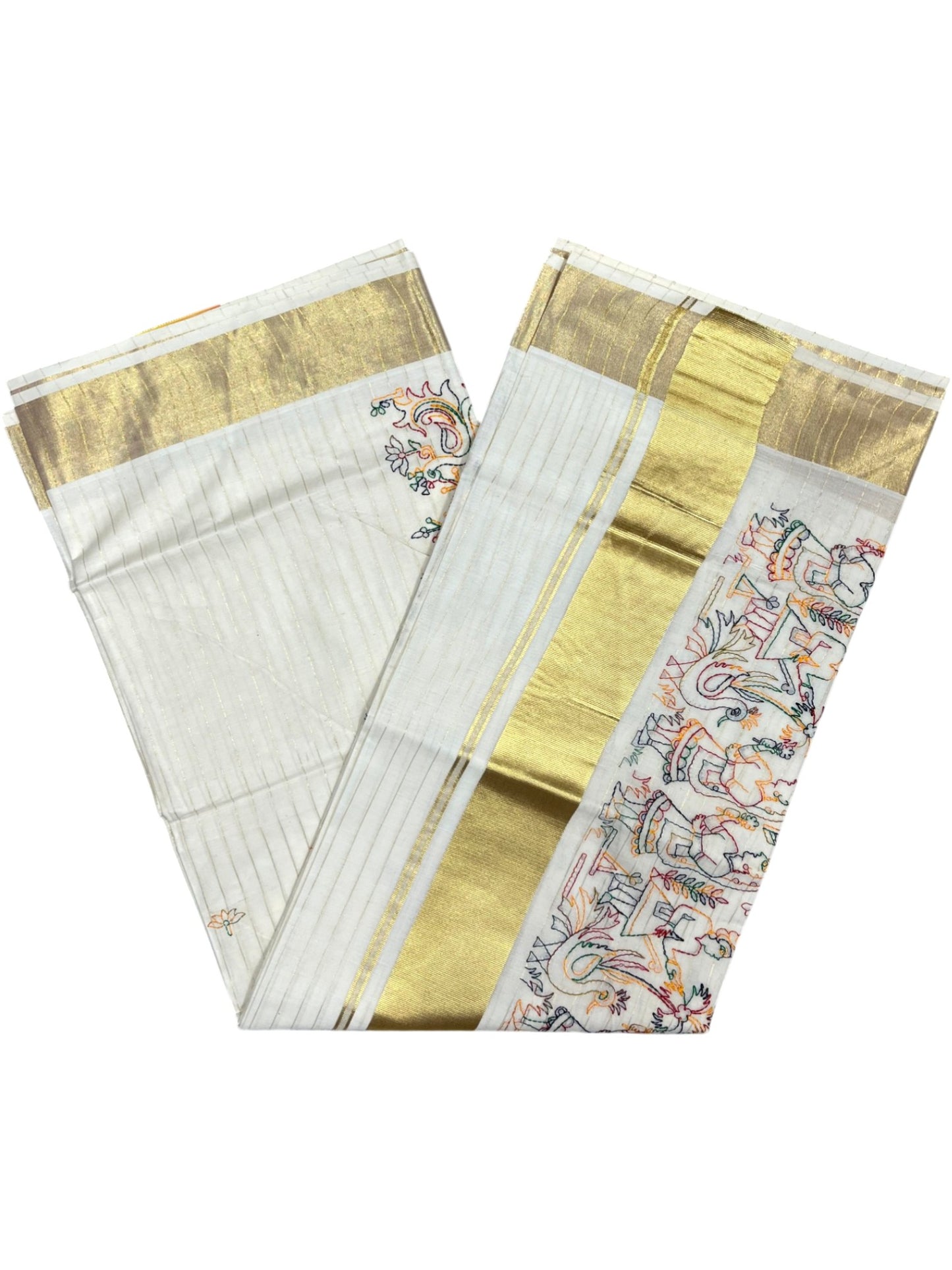 Southloom Cotton Kerala Kasavu Lines Saree with Kantha Embroidery Work on Body SL322