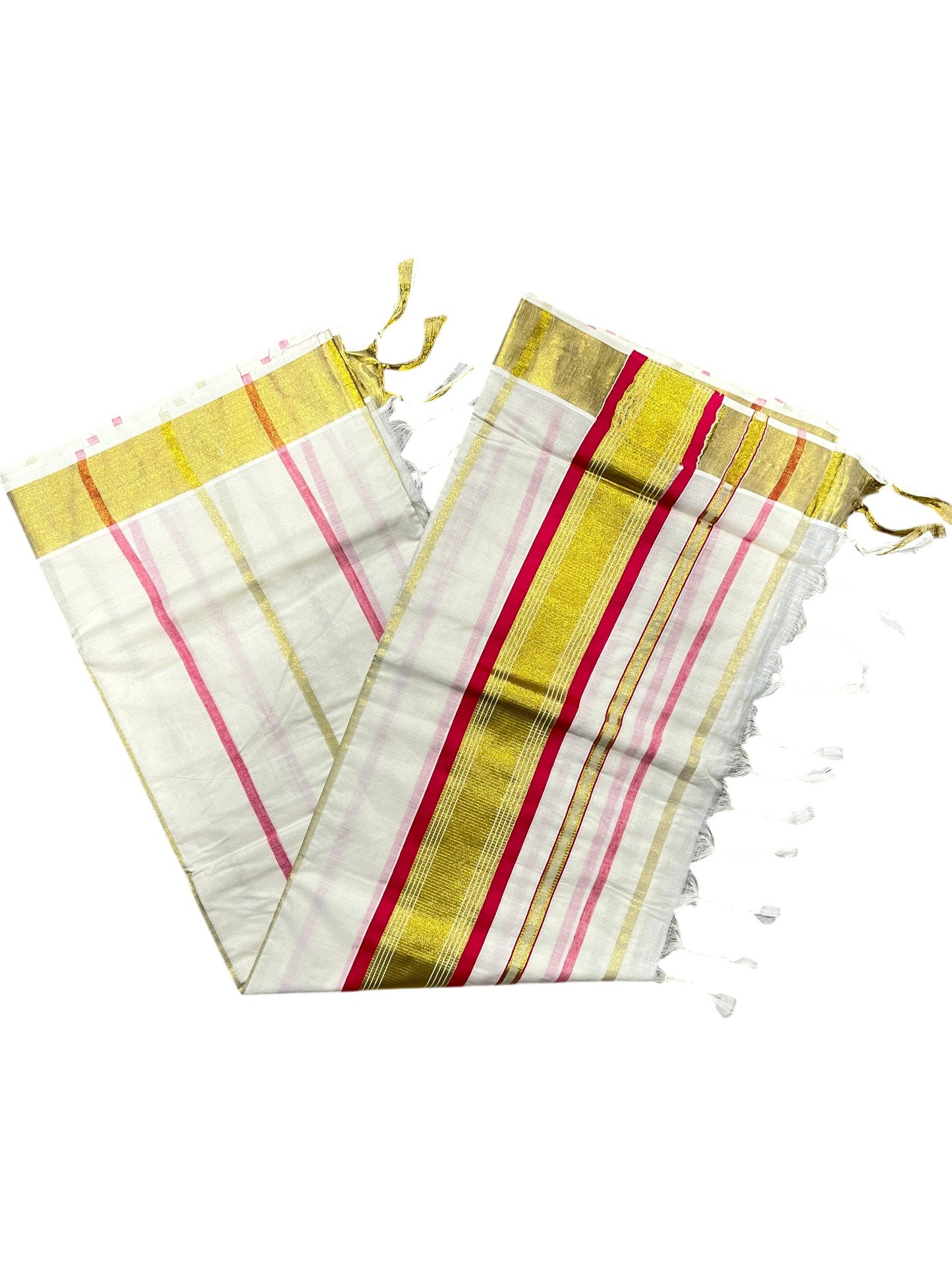 Southloom Kerala Cotton Kasavu Saree with Gold And Pink Lines on Body