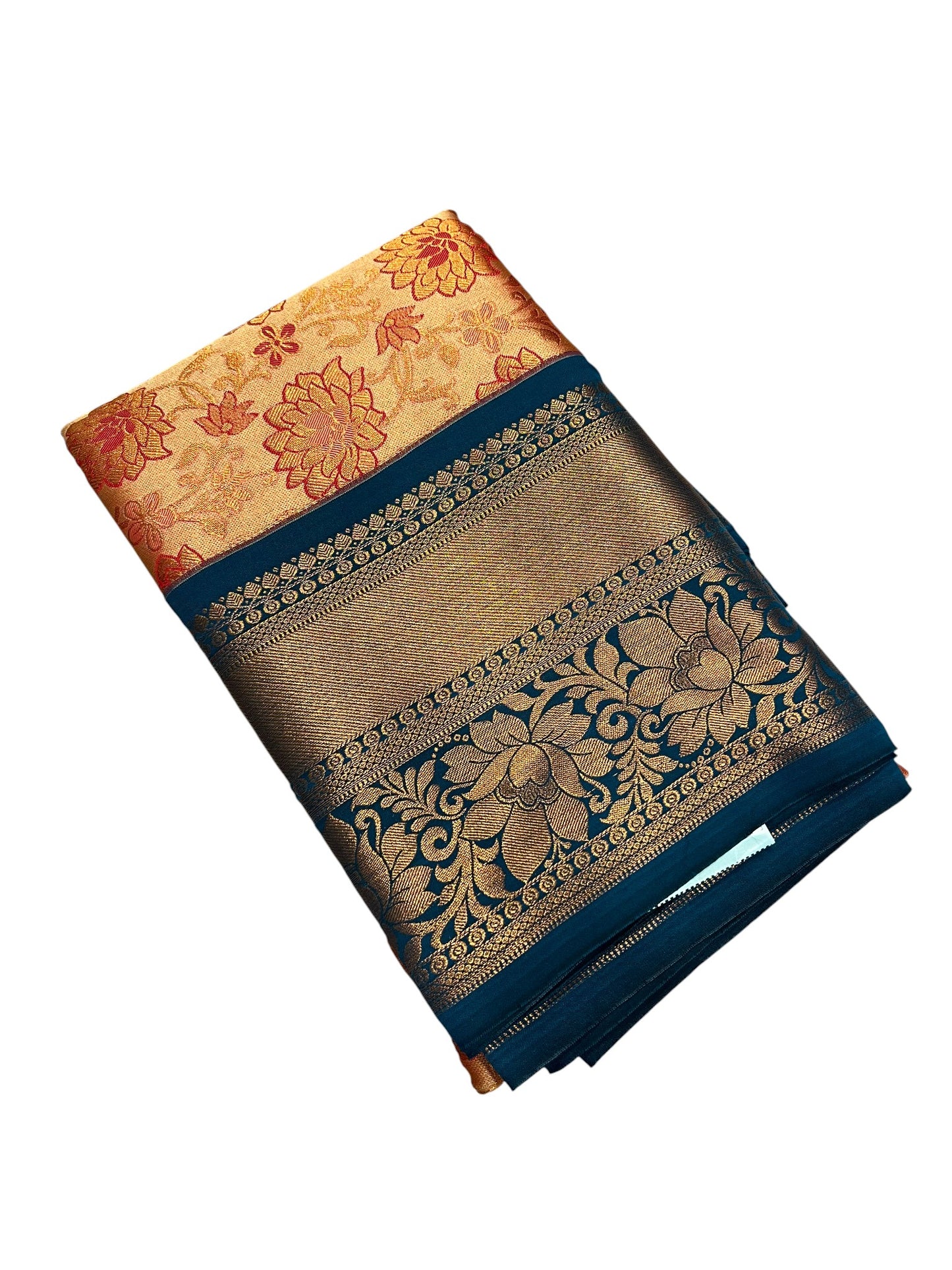 Southloom Banarasi Semi Silk Saree with Floral Zari Work Across Body (Orange & Blue)