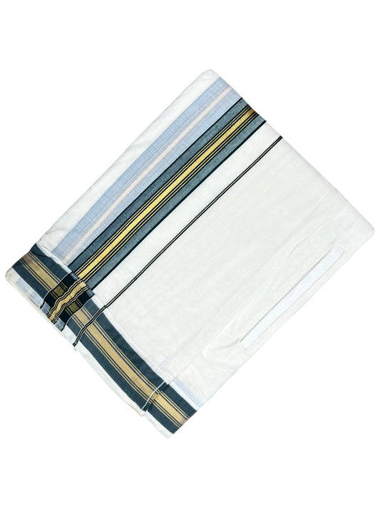 Southloom Kerala Cotton Velcro Mundu with Gold Lines and Green Border (South Indian Kerala Dhoti) in 4 mtrs
