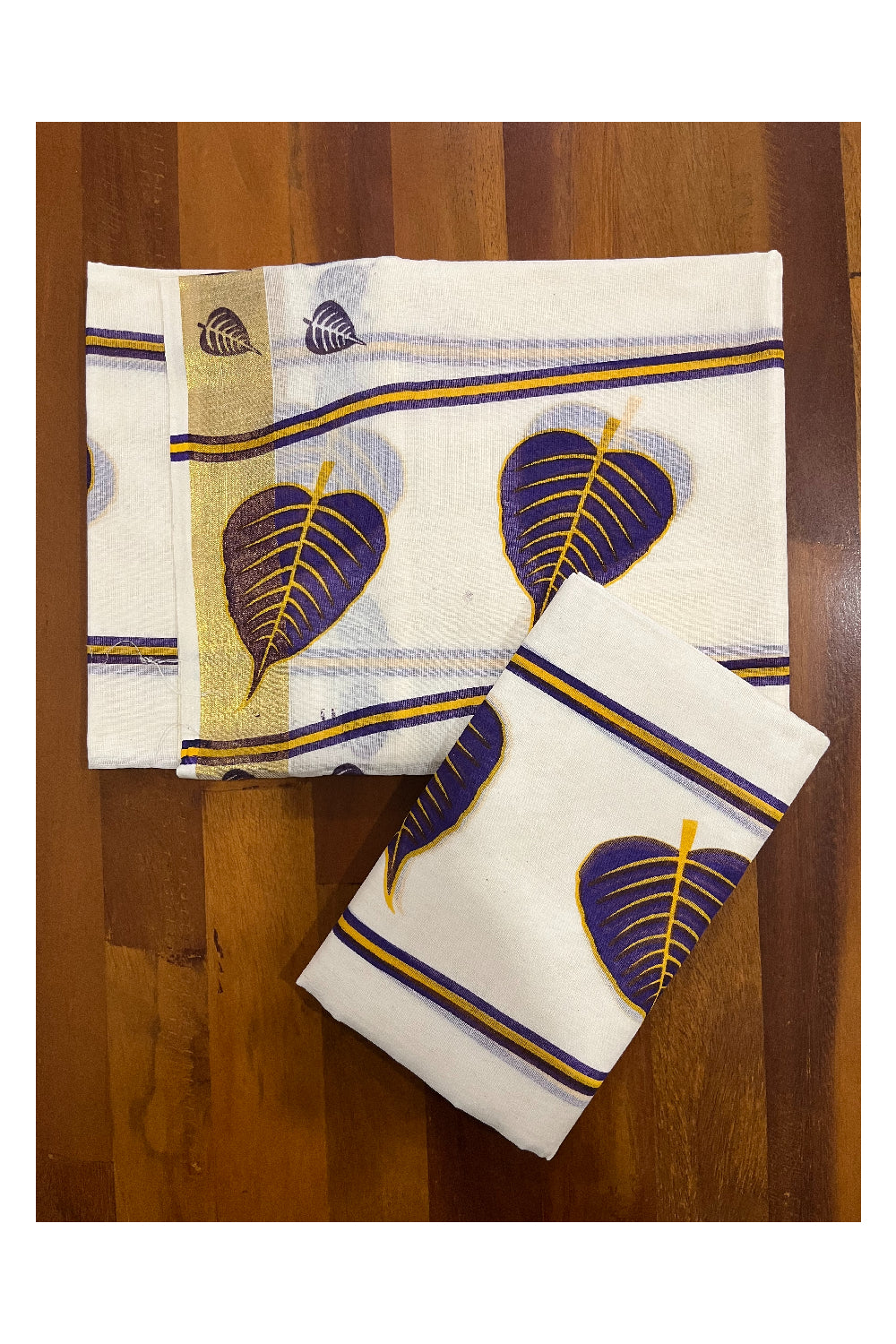 Cotton Kerala Single Set Mundu with Violet Leaf Block Prints 2.80 Mtrs