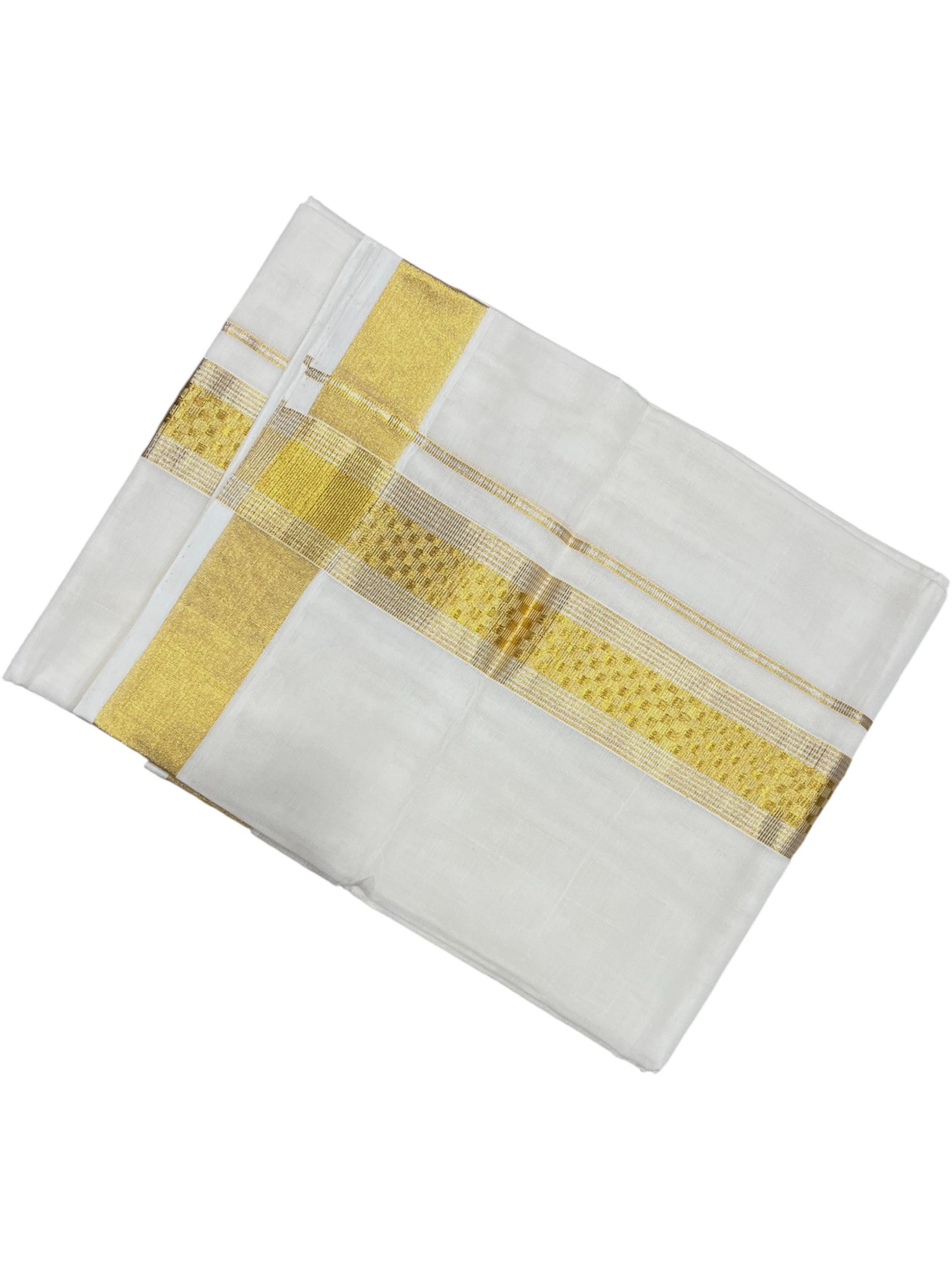 Southloom Premium Handloom Cotton Double Mundu with Gold Paaya Neythu And Silver Gold  Lines Kasavu Border