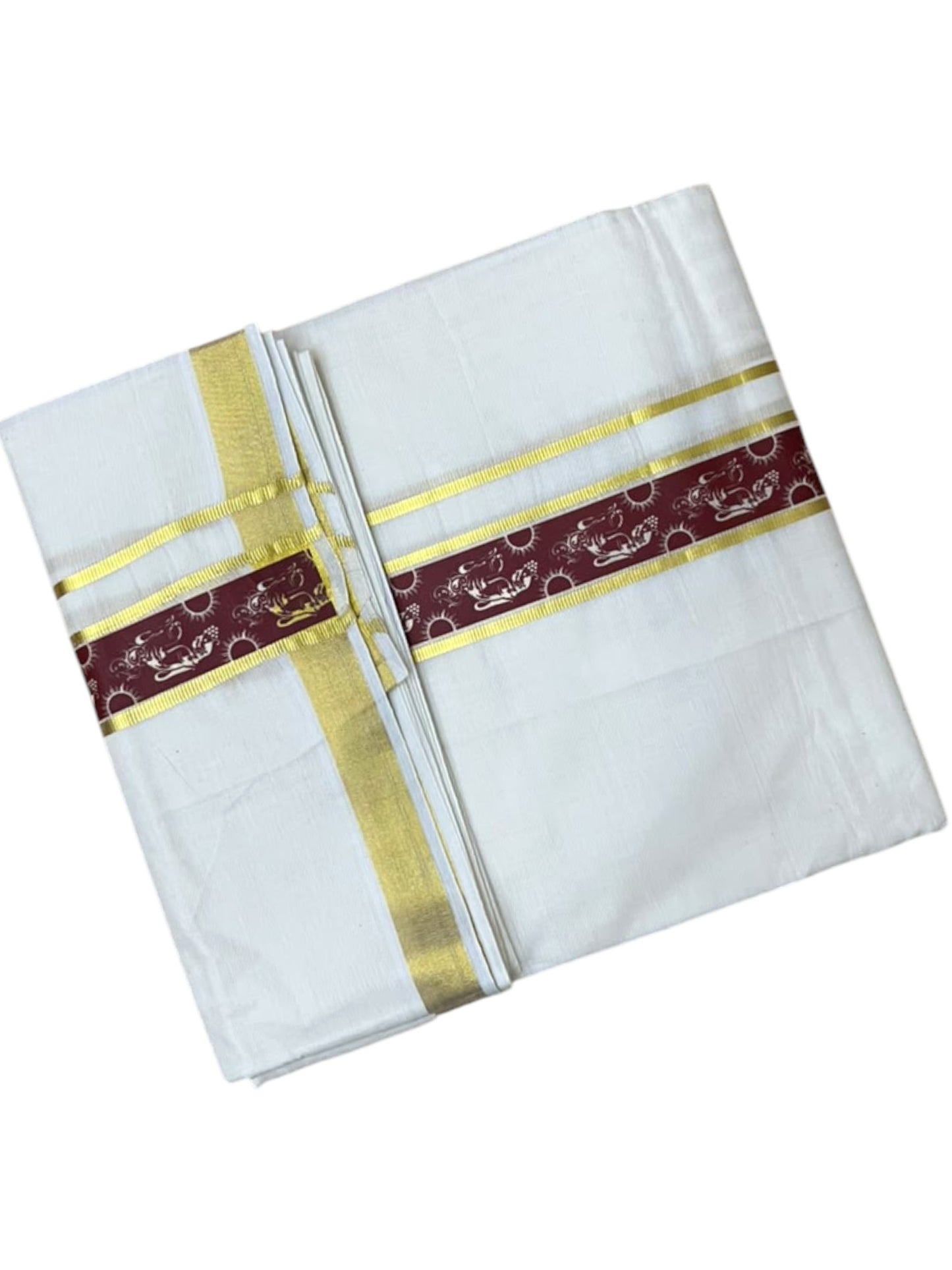 Southloom Pure Cotton Double Mundu with Maroon Block Printed And Ksavu Border (South Indian Kerala Dhoti)