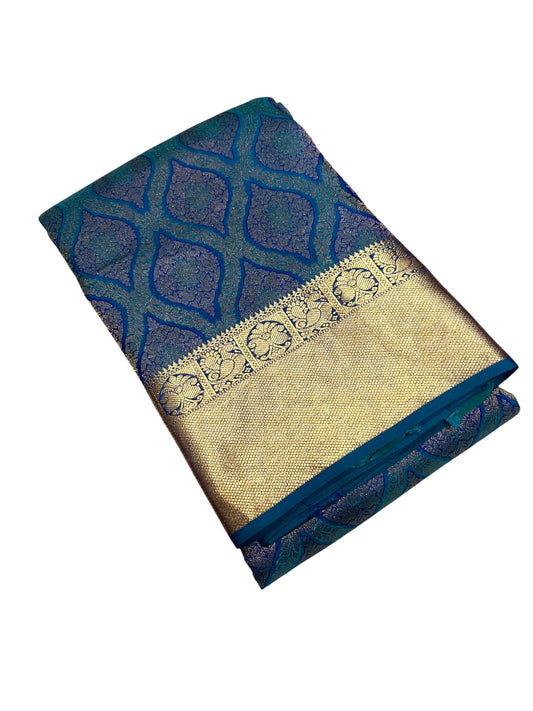 Southloom Pure Handloom Bridal Kanchipuram Silk Saree with Korvai Work (Blue)