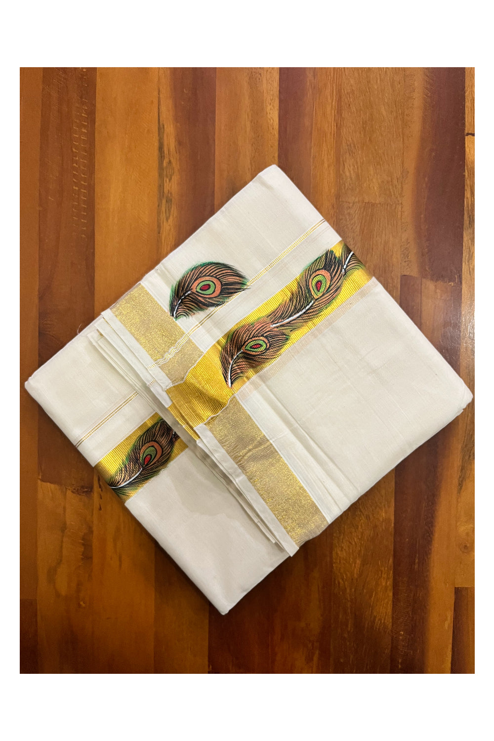 Off White Kerala Cotton Double Mundu with Mural Hand Painted Designs on Kasavu Border (South Indian Kerala Dhoti)