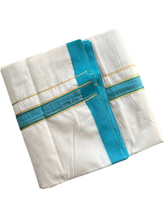 Southloom Pure Cotton Mundu with Golden Lines and Blue Border (South Indian Kerala Dhoti)