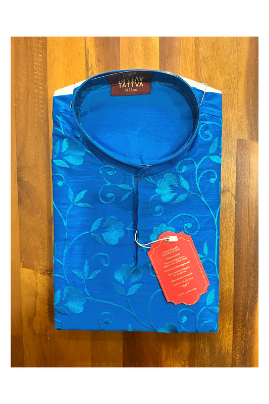 Southloom Blue Floral Woven Semi Silk Short Kurta for Men