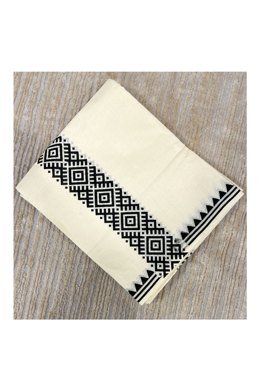 Pure Cotton Off White Double Mundu with Block Prints on Black Kara (South Indian Dhoti)