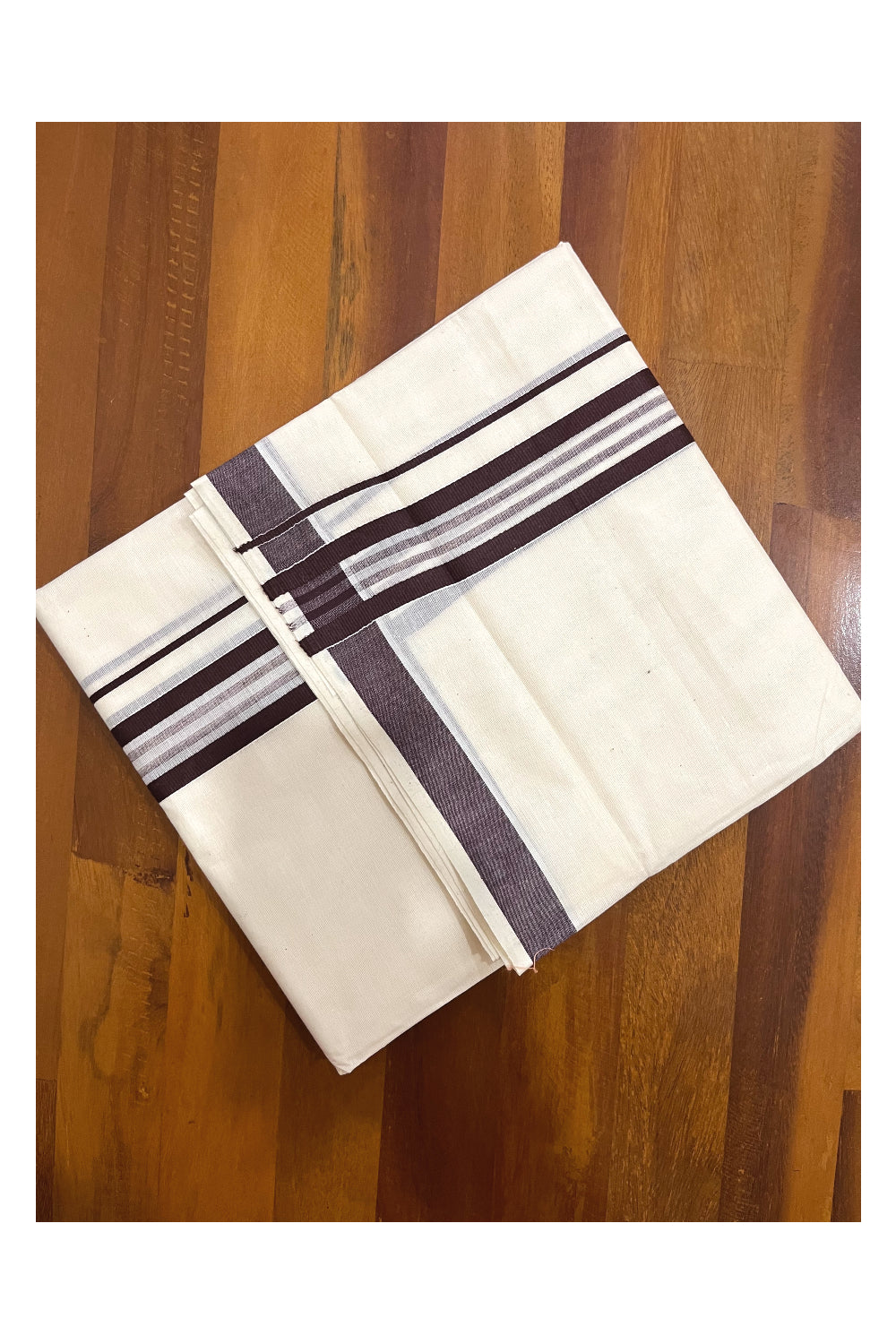 Kerala Cotton Double Mundu with Brown Line Border (Onam Mundu 2023)