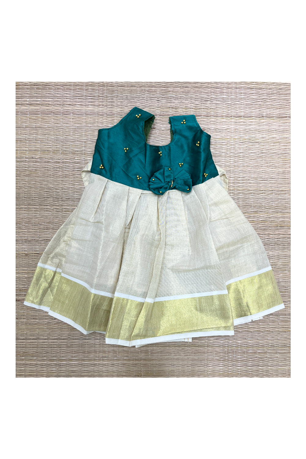 Southloom Kerala Tissue Frock with Green Bead Work Designs for Kids (Six Months)