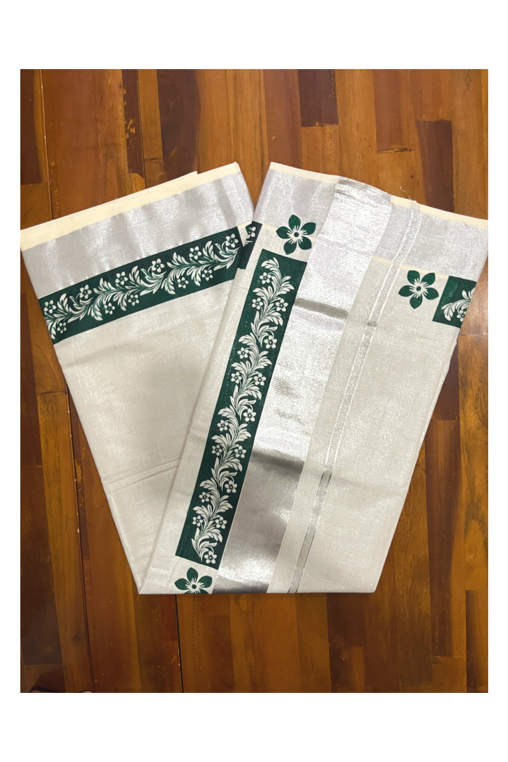 Kerala Silver Tissue Kasavu Saree with Green Floral Block Prints and Silver Border