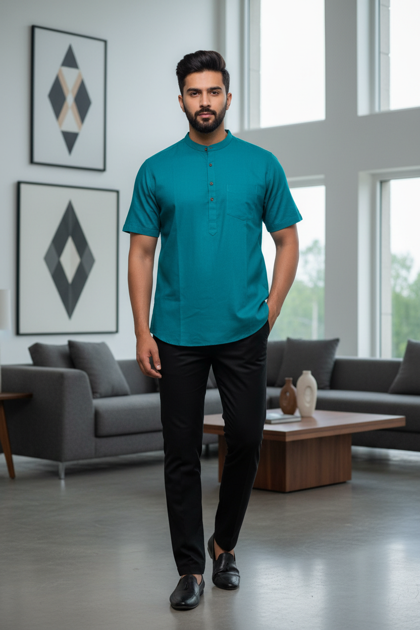 Southloom Blue Short Cotton Kurta Shirt for Men