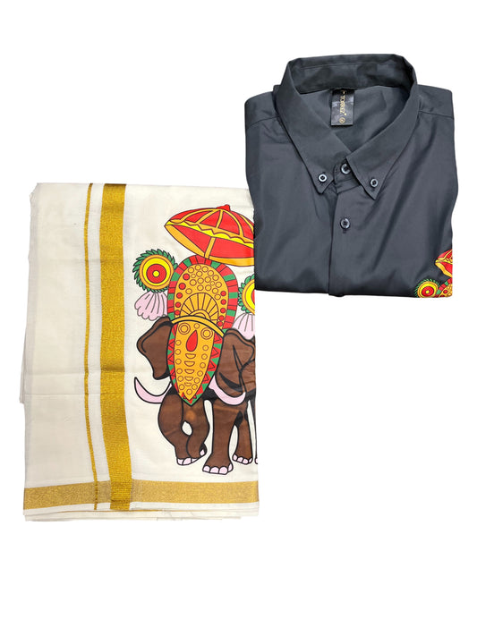 Southloom Stylish & Classy Budget Combo Grey Shirt + Mundu for Men