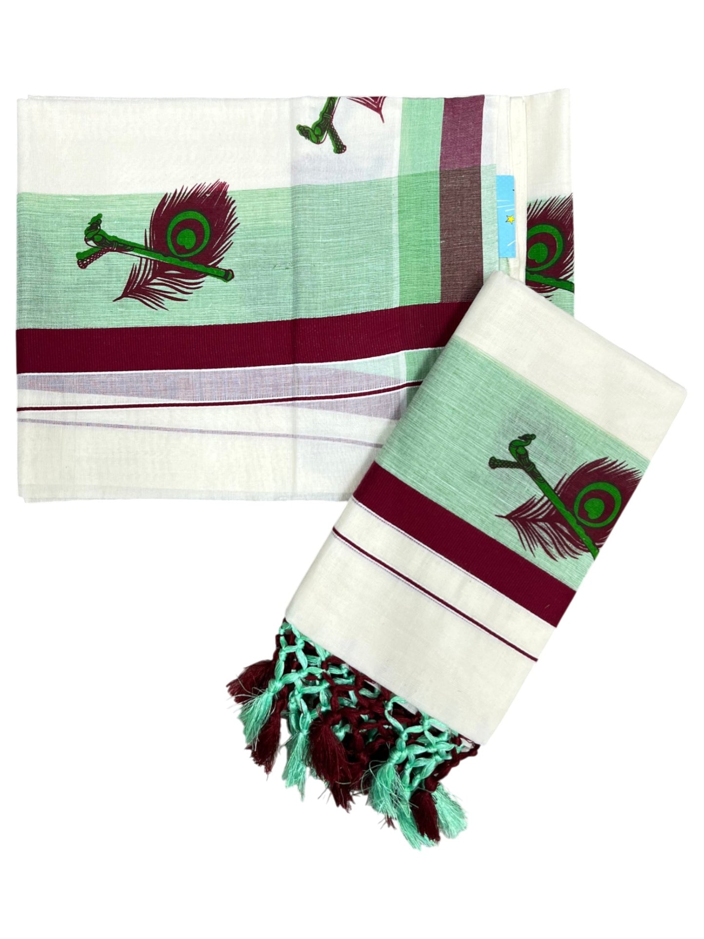 Southloom Cotton Single Set Mundu (Mundu Neriyathum) With Mural Print Green And Maroon Border Kasavu in 2.80 Mtrs With Tussles