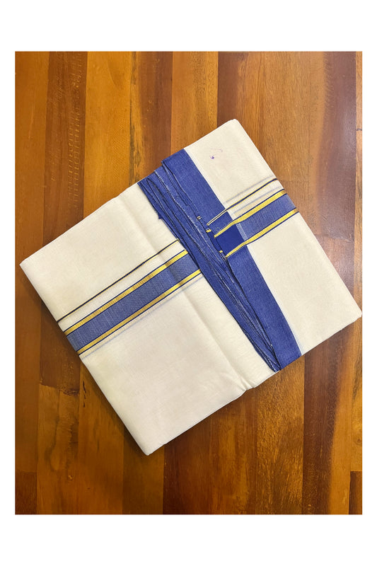 Premium Balaramapuram Handloom Unakkupaavu Cotton Double Mundu with Blue and Kasavu Border (Vishu 2024 Collection)