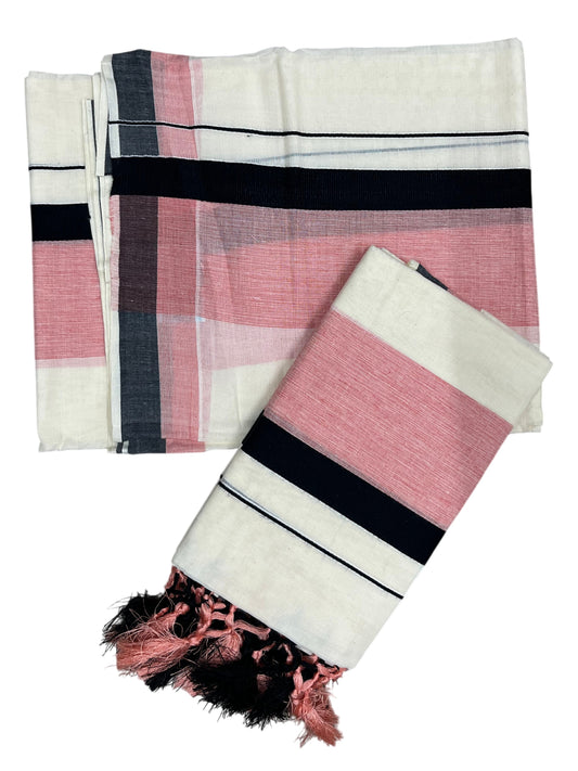 Southloom Kerala Cotton Mundum Neriyathum Single (Set Mundu) with Peach And Black Border 2.80 Mtrs
