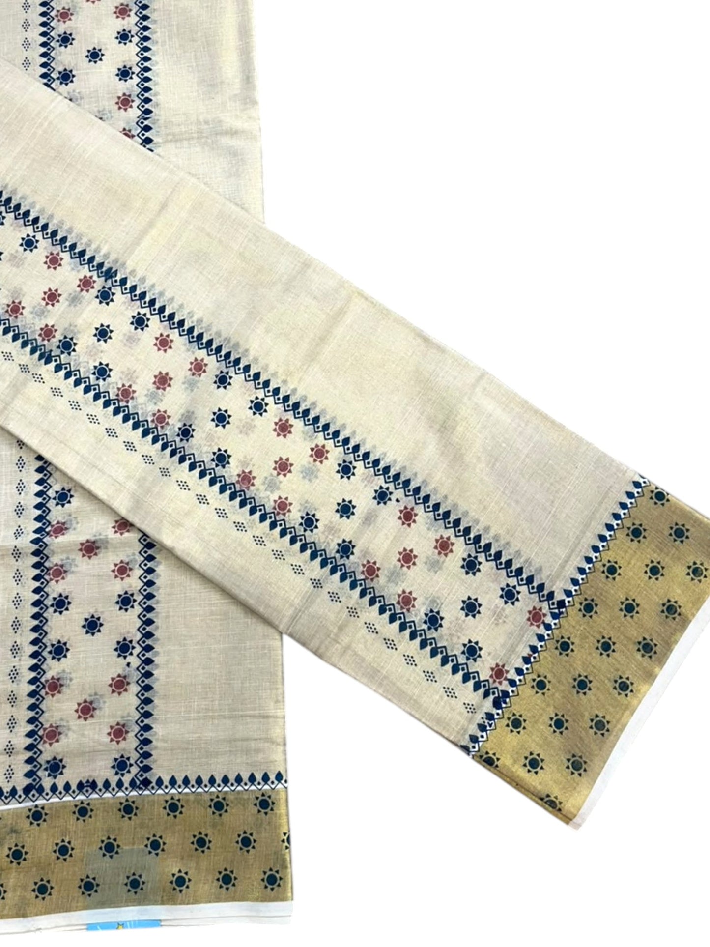 Southloom Kerala Tissue Set Mundu (Mundum Neriyathum) with Blue & Brown Floral Prints on Border-2.80Mtrs SL625