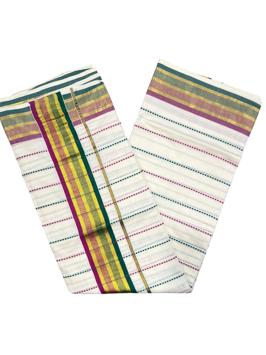 Southloom Cotton Kasavu Saree with Magenta and Green Thread Work Across Body