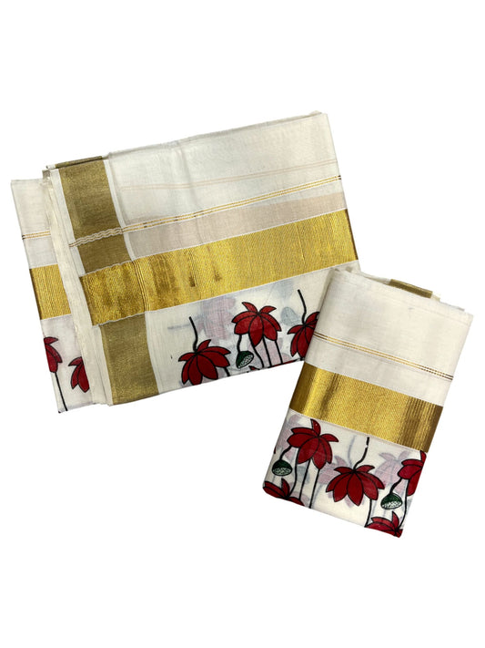 Southloom Kerala Cotton  Set Mundu (Mundum Neriyathum) with Maroon Floral Block Printed Design 2.80Mtrs