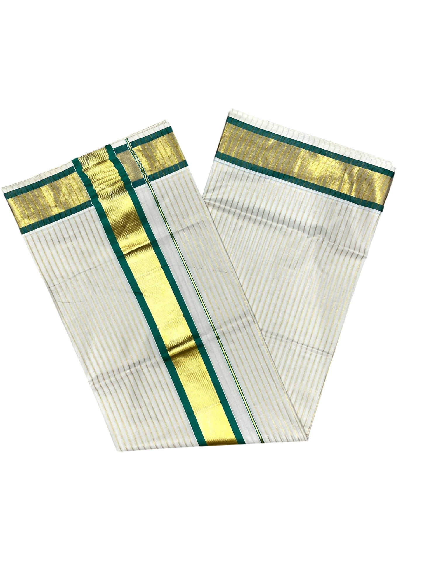 Southloom Pure Cotton Kerala Saree with Gold Kasavu Lines Across Body and Green Border