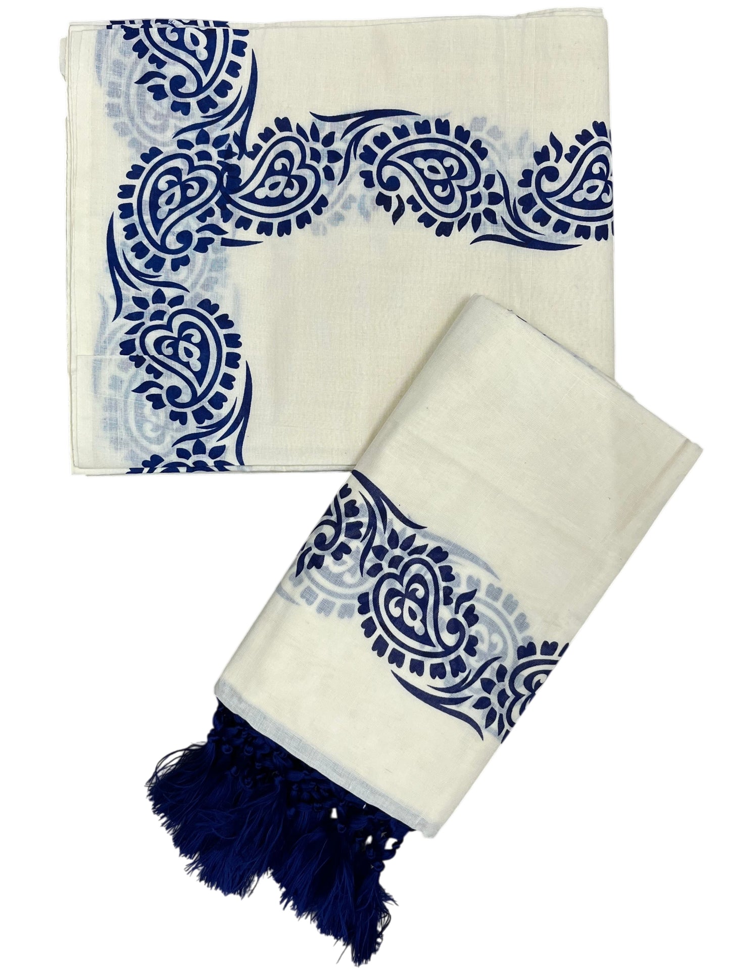 Southloom Cotton Single Set Mundu (Mundu Neriyathum) Blue Printed Border With Tussles in 2.80 Mtrs