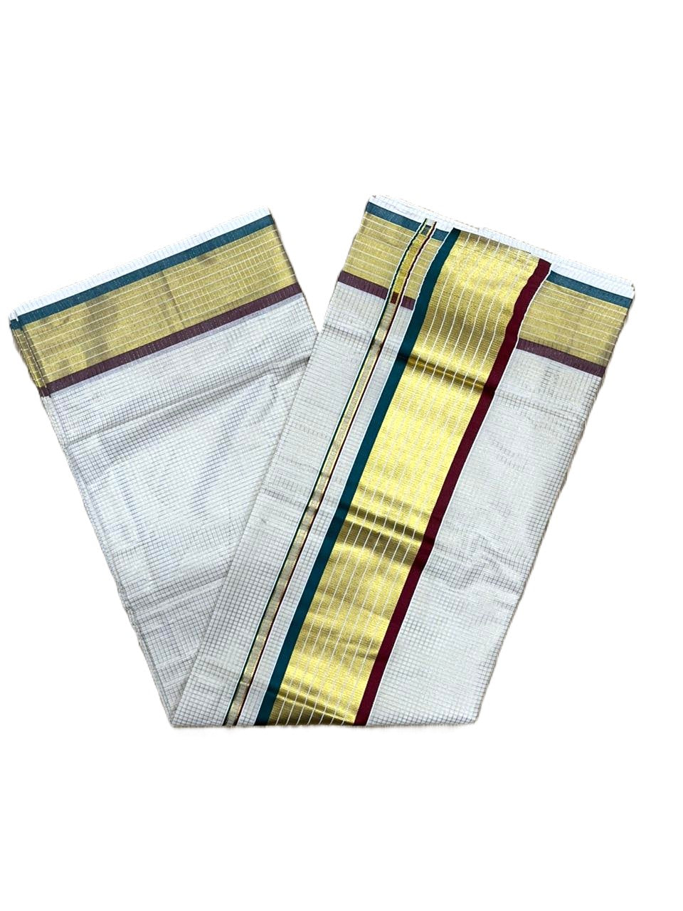 Southloom Kerala Cotton Kasavu Saree with Micro Check Design on Body in Peacock Green & Maroon Border SL451