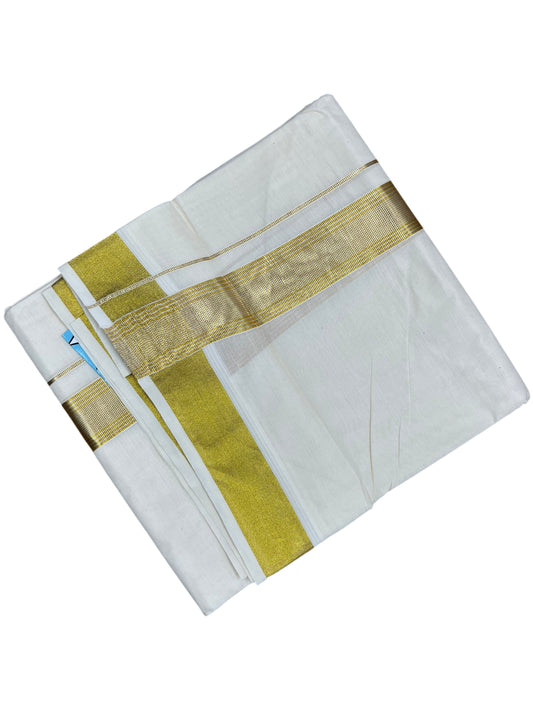 Southloom Kerala Pure Cotton Double Mundu with Gold Kasavu And Silver Line Border (South Indian Dhoti)