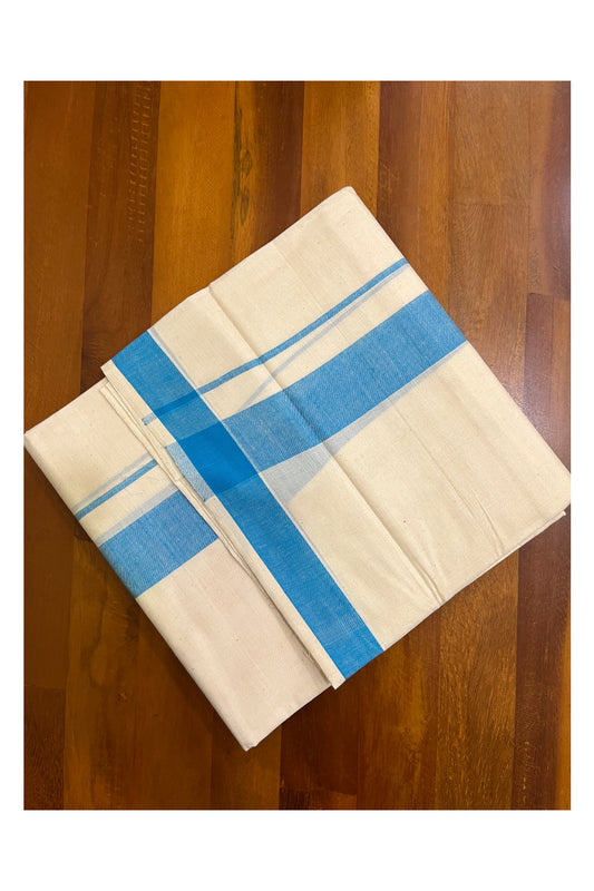 Kerala Pure Cotton Double Mundu with Blue Kara (South Indian Kerala Dhoti)