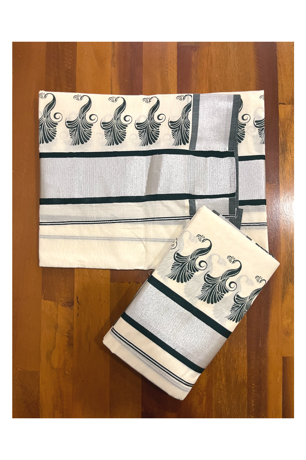 Pure Cotton Kerala Single Set Mundu (Mundum Neriyathum) with Dark Green Block Printed Silver Kasavu Border