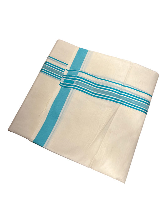 Southloom Pure Cotton Double Mundu With White Lines & Blue Border (South Indian Kerala Dhoti)