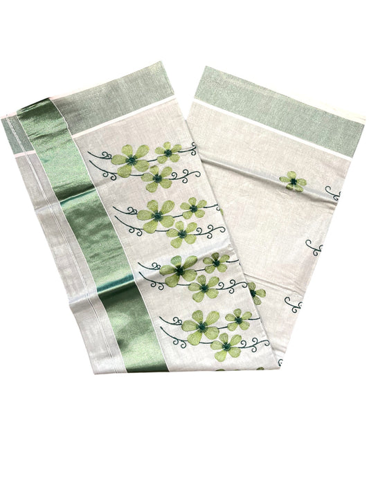 Southloom Kerala Tissue Kasavu Saree with Green Floral Embroidery on Body and Border
