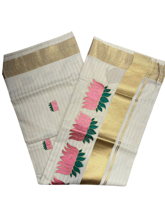 Southloom Kerala Cotton Kasavu Line Saree with Pink Lotus Embroidery Works