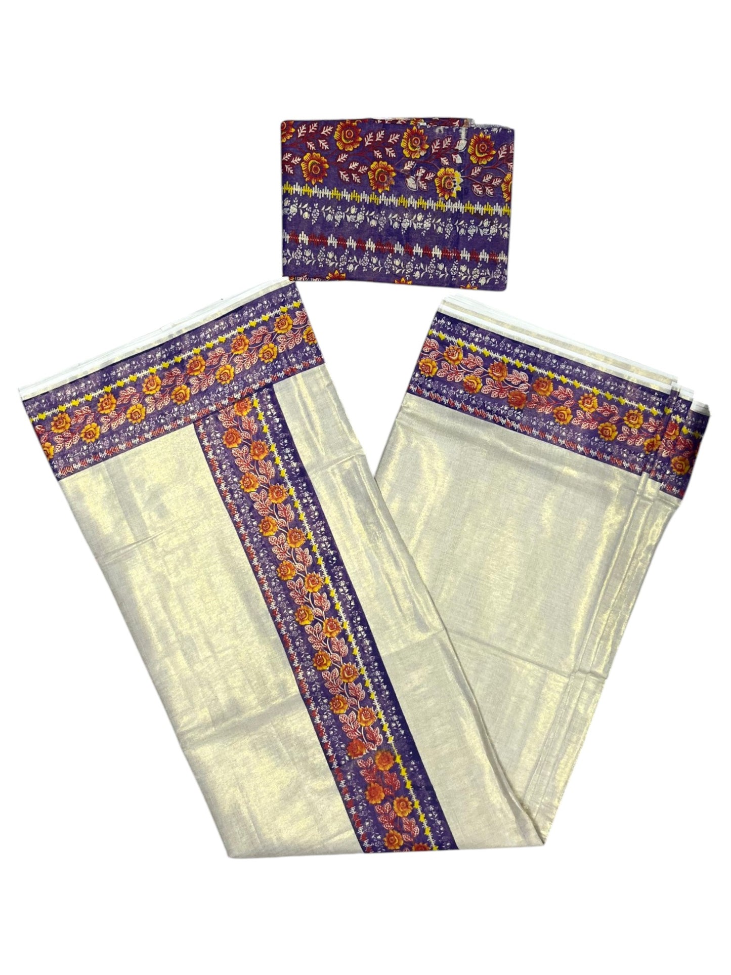 Southloom Kerala Tissue Plain Saree With Floral Digital Prints on Borders
